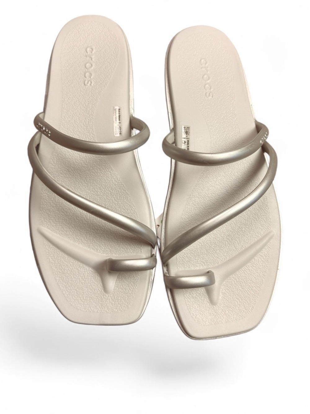CROCS Women's Metallic Silver Double-Strap Slide Sandals - Picture 2 of 6